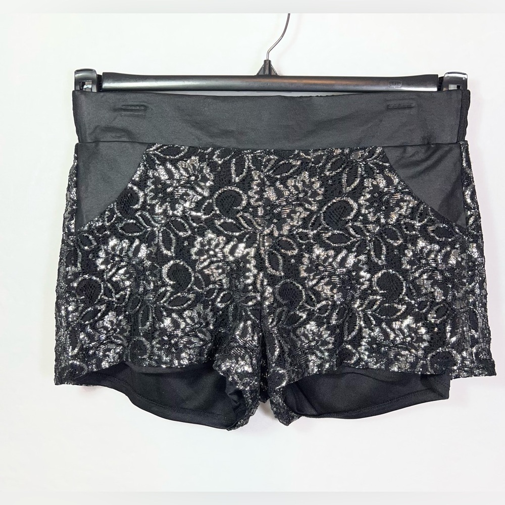 BeBop Lace & Faux Leather Shorts Size Medium Black w/Silver Floral Print Lined